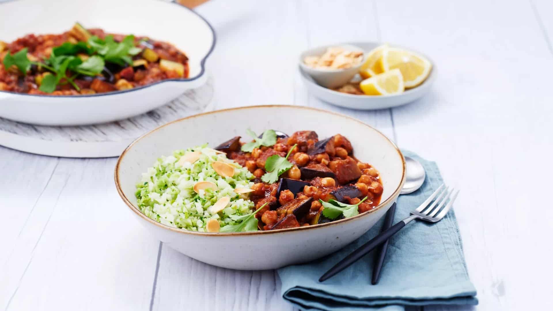 Chick Pea & Eggplant Braise With Broccoli & Cauliflower Rice