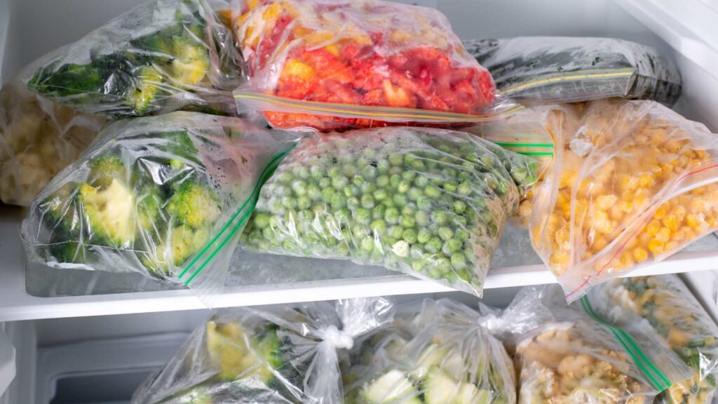 Bags of frozen vegetables includes peas, corn, broccoli and capsicum