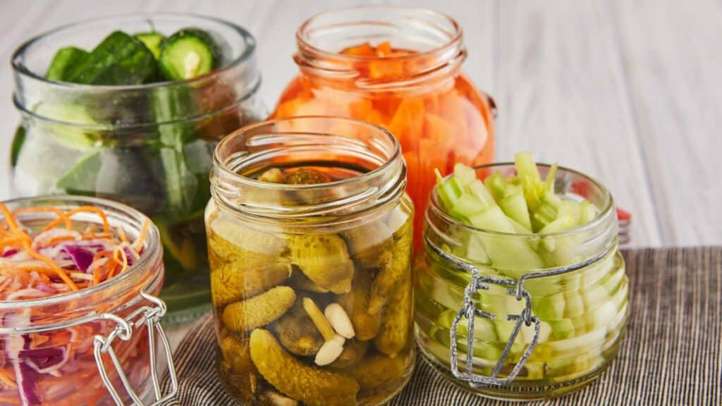 Pickled vegetables in jars
